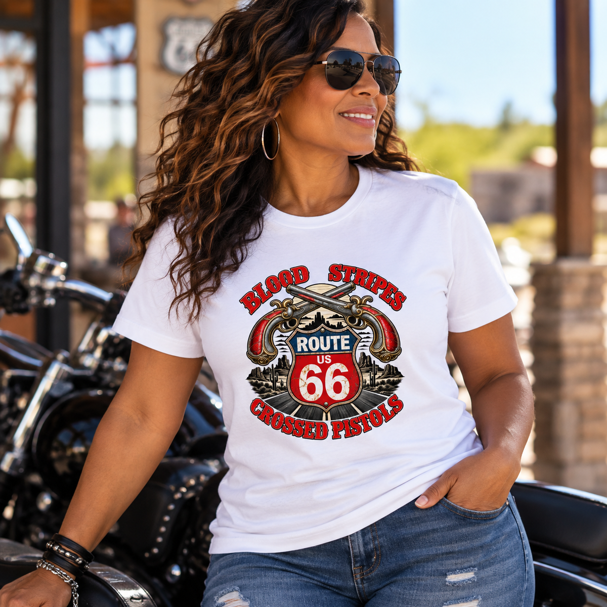 Blood Stripes Crossed Pistols | Route 66 Highway Tee | Front Graphic | Unisex