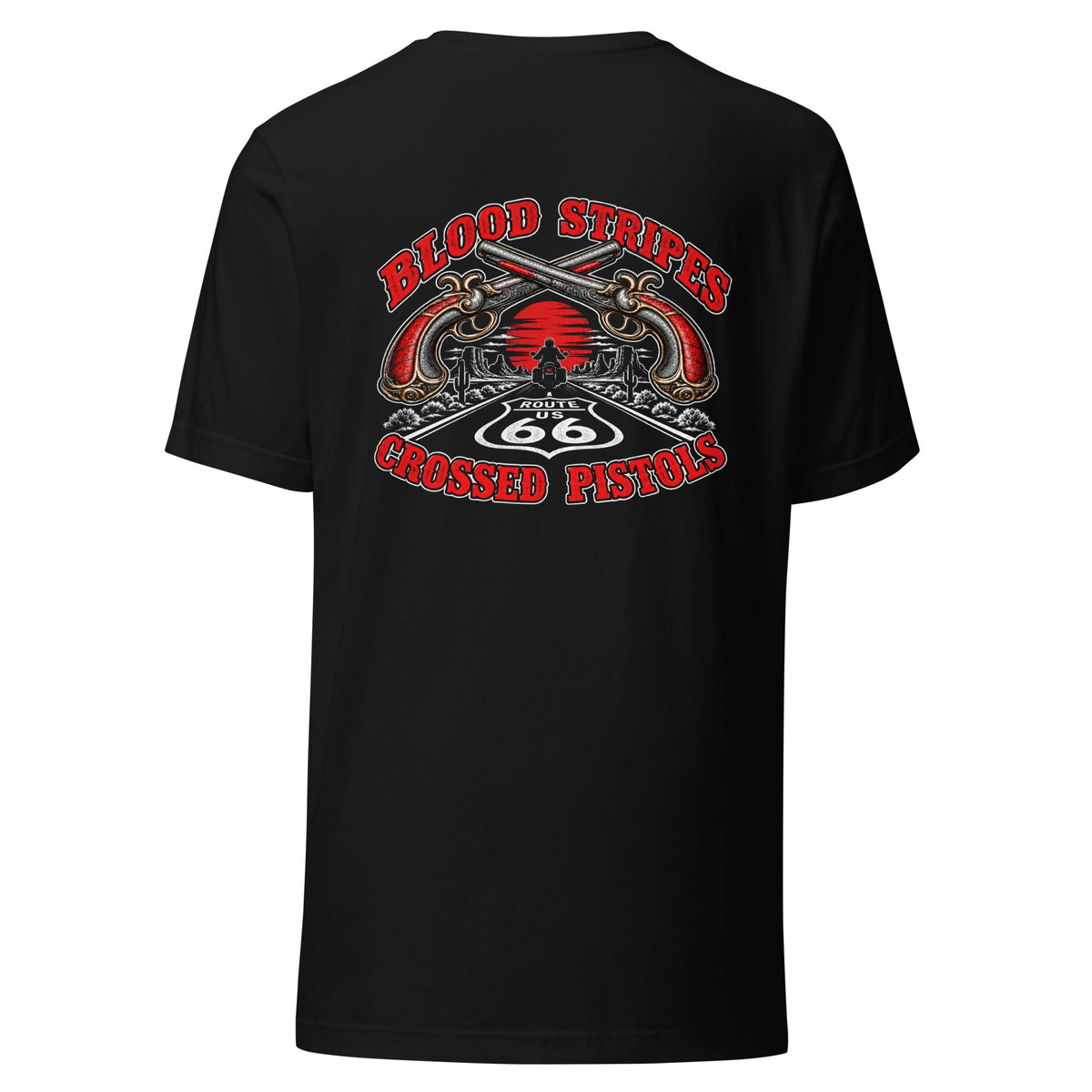 Blood Stripes Crossed Pistols | Back Graphic Route 66 | Unisex - Smith's Tees