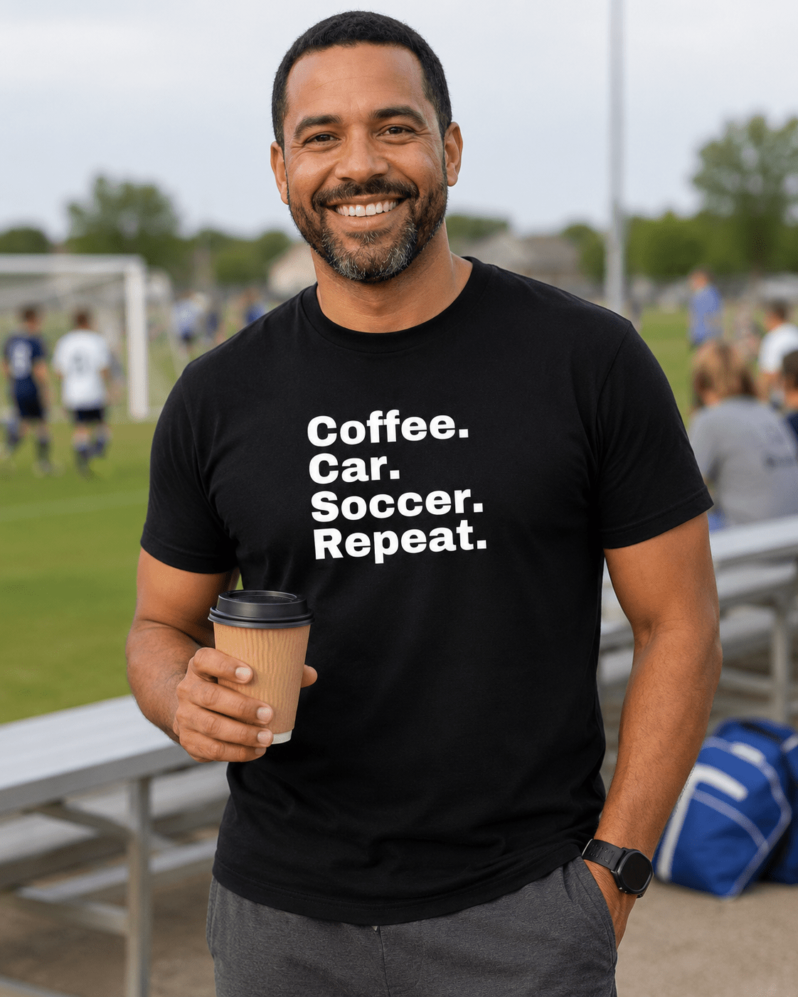 Coffee. Car. Soccer. Repeat. - Sports Statement T-Shirt | Funny Soccer Tee | Unisex - Smith's Tees