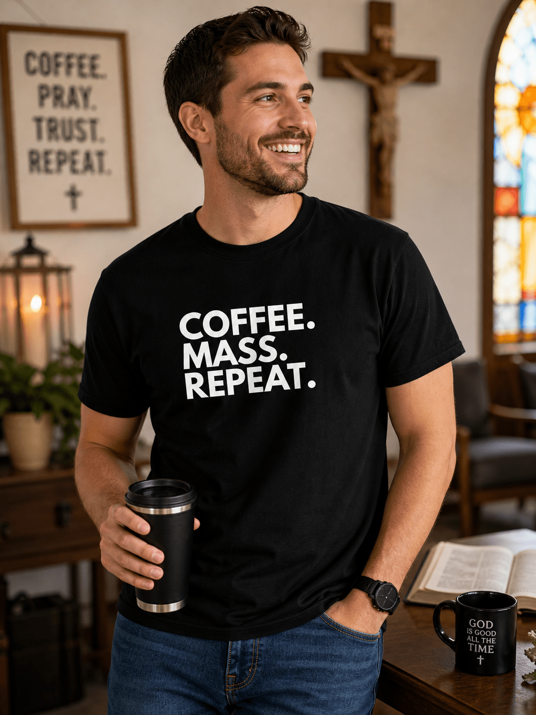 Coffee. Mass. Repeat. | Faith - Based Statement Tee | Unisex - Smith's Tees