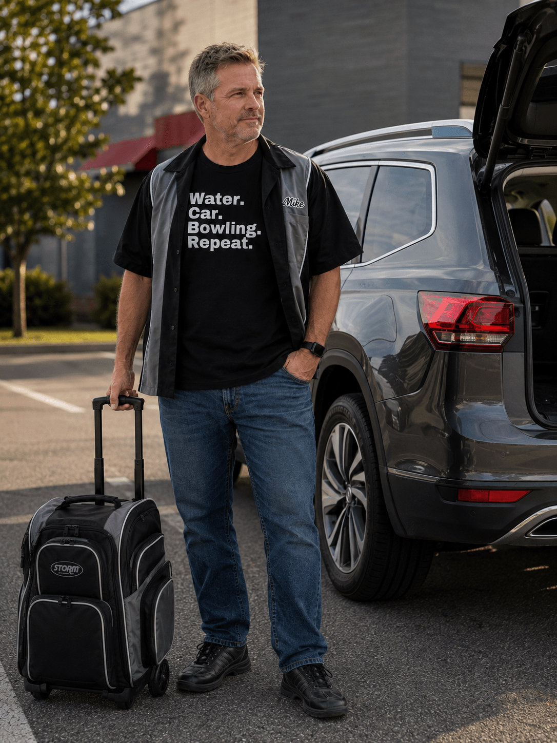 Water. Car. Bowling. Repeat.- Sports Statement T-Shirt | White Print | Unisex | Family Matching Sizes - Smith's Tees